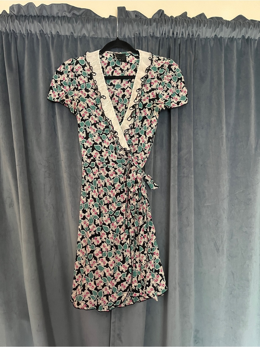 Anna Sui Black Floral Wrap Mini Dress with Cream Lace Trim